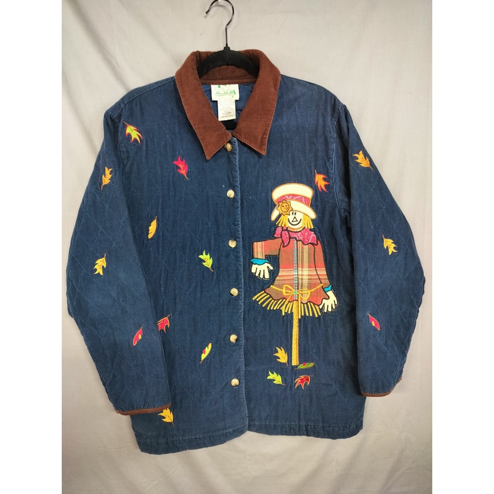 The Quacker Factory Jacket Women L Vintage Blue Scarecrow Fall Quilted Barn Coat